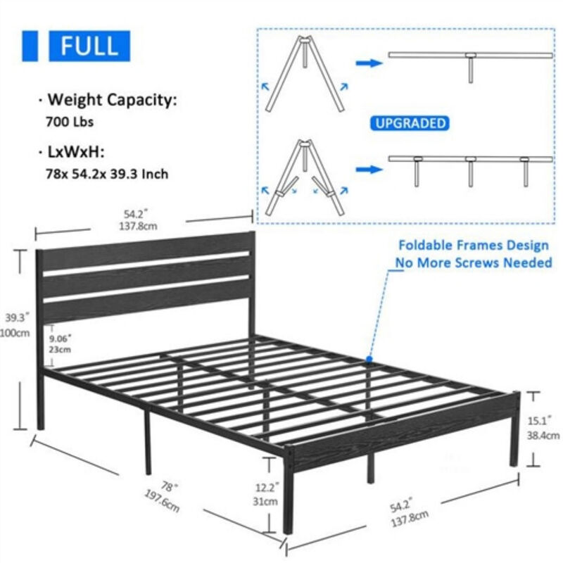 Industrial Platform Bed Frame with Slatted Wood Headboard image number 4