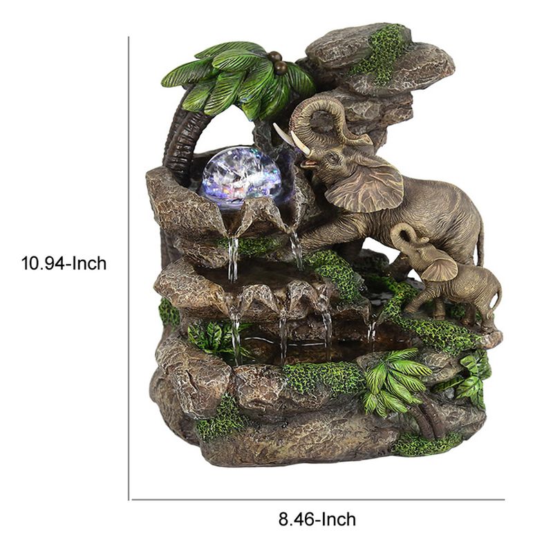 Eci 11 Inch Elephant Tabletop Water Fountain, Crystal LED Light, Multicolor - Benzara