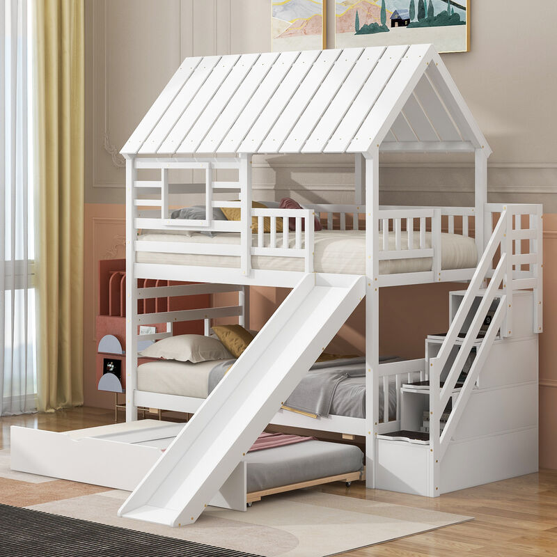 Whisen Twin over Twin House Bunk Bed with Trundle and Slide, Storage Staircase, Roof and Window Design - Gray