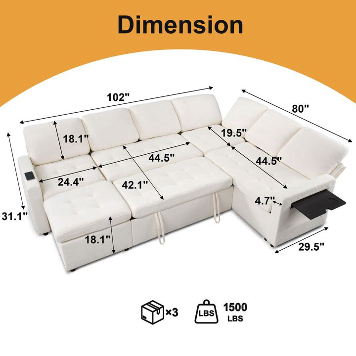 102" L-Shaped Chenille Modular Sectional Sleeper Sofa with Pullout Bed, Reclining Backrest, USB