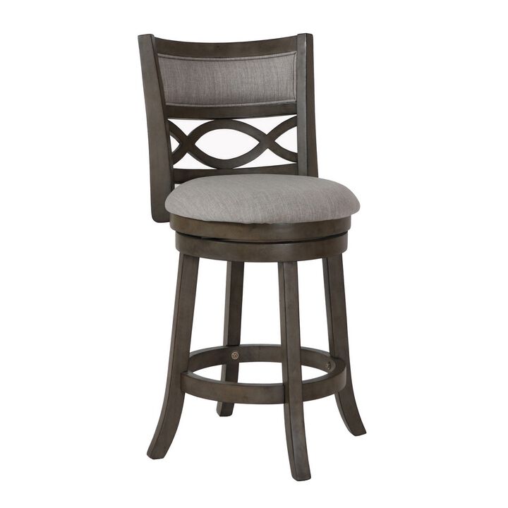 Curved Lattice Back Swivel Counter Stool with Fabric Seat, Antique Gray-Benzara