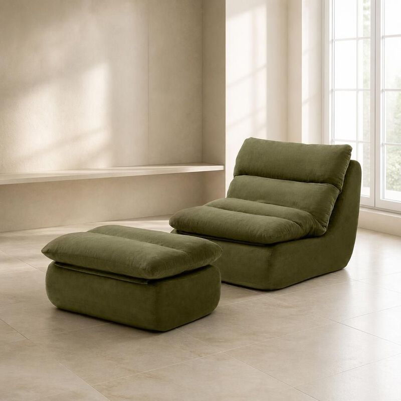 GOODSILO Tufted Upholstered Large Chaise Lounge Bean Bag Chair With Matching Ottoman Comfortable Lazy Sofa For Living Room Bedroom Reading Napping image number 2
