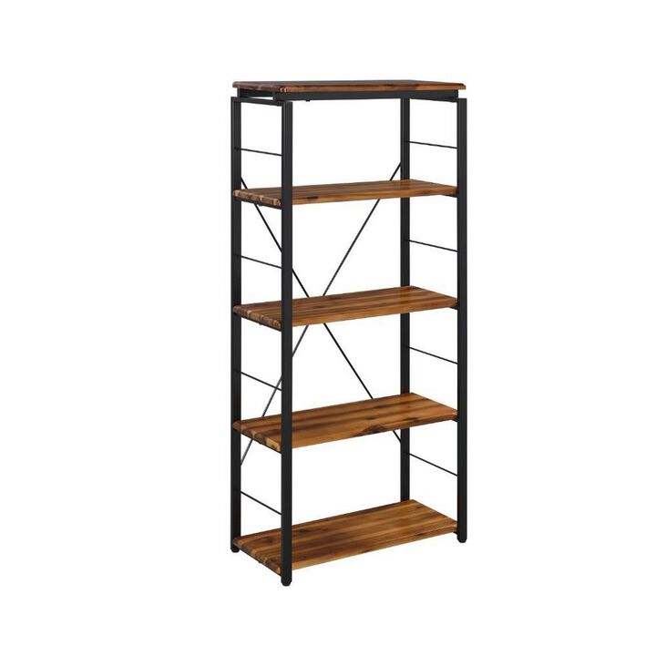 Industrial Bookshelf with 4 Shelves and Open Metal Frame, Brown and Black-Benzara