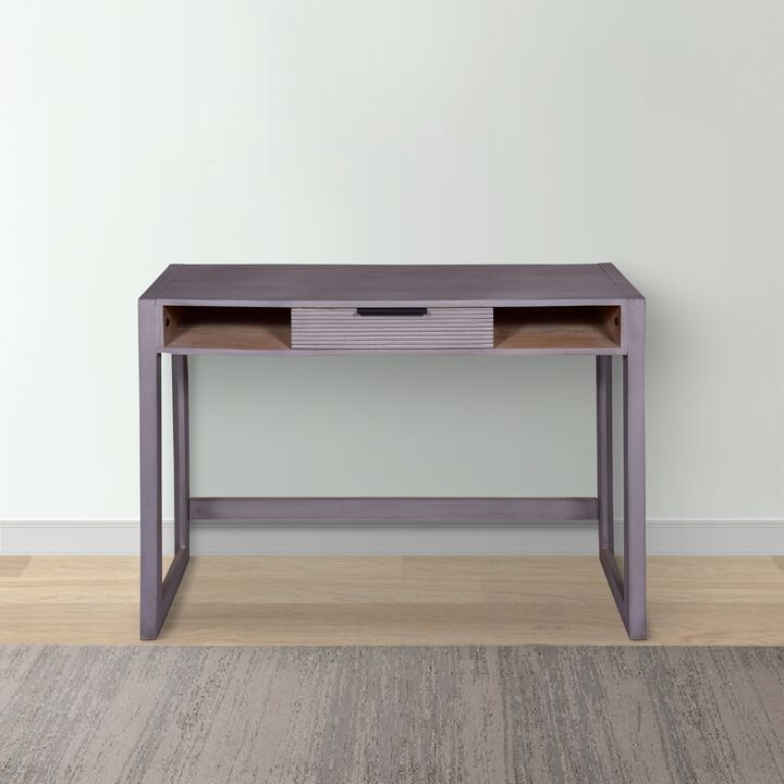 44 Inch Mango Wood Desk Minimalistic Entryway Console Table, Single Drawer, Textured Groove Lines, Gray-Benzara