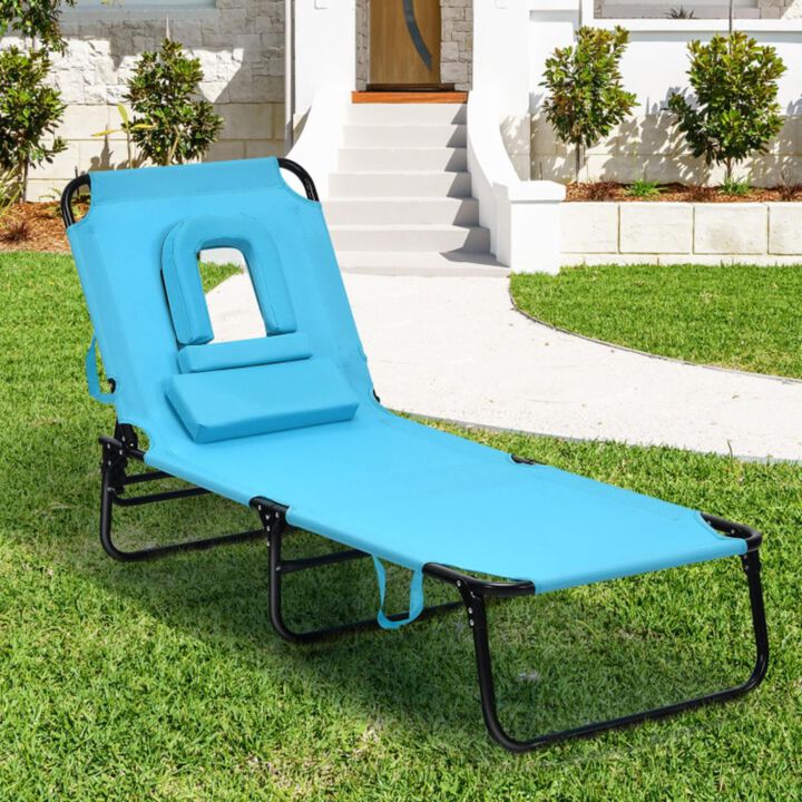 Hivvago Outdoor Folding Chaise Lounger with Hand Rope and Detachable Pillow