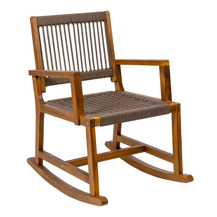 Laguna Coastal Casual Acacia Wood and Woven Rope Outdoor Rocking Chair