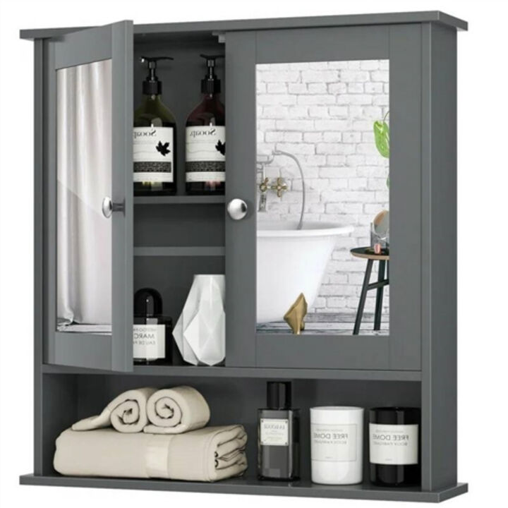 Wooden Bathroom Medicine Cabinet with Mirrored Doors and Storage Shelf