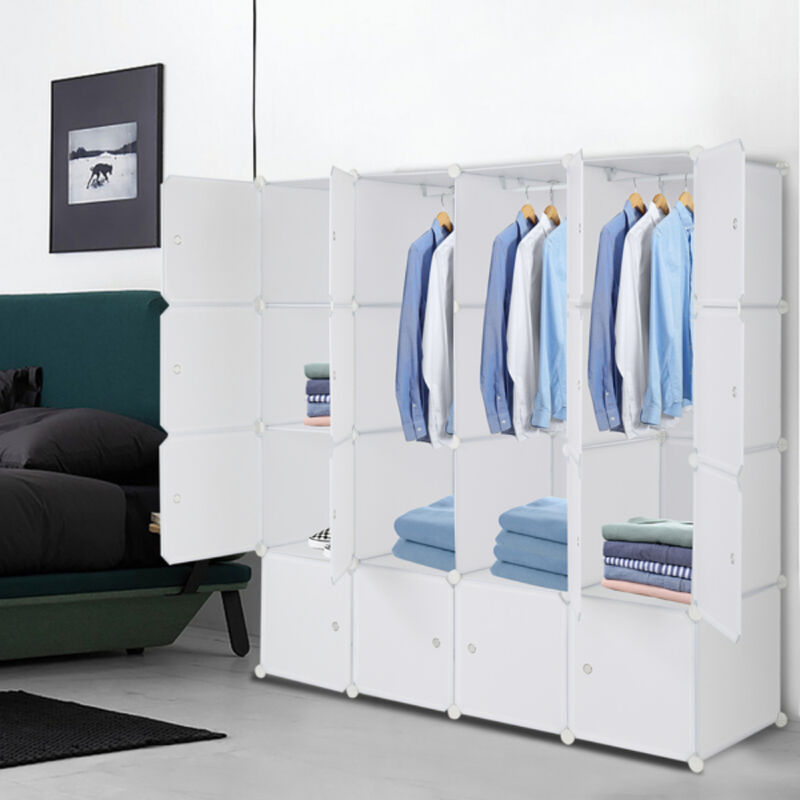 16-Cube Modular Wardrobe, 4-Layer Plastic & Steel Storage Organizer with 3 Hanging Rods image number 6
