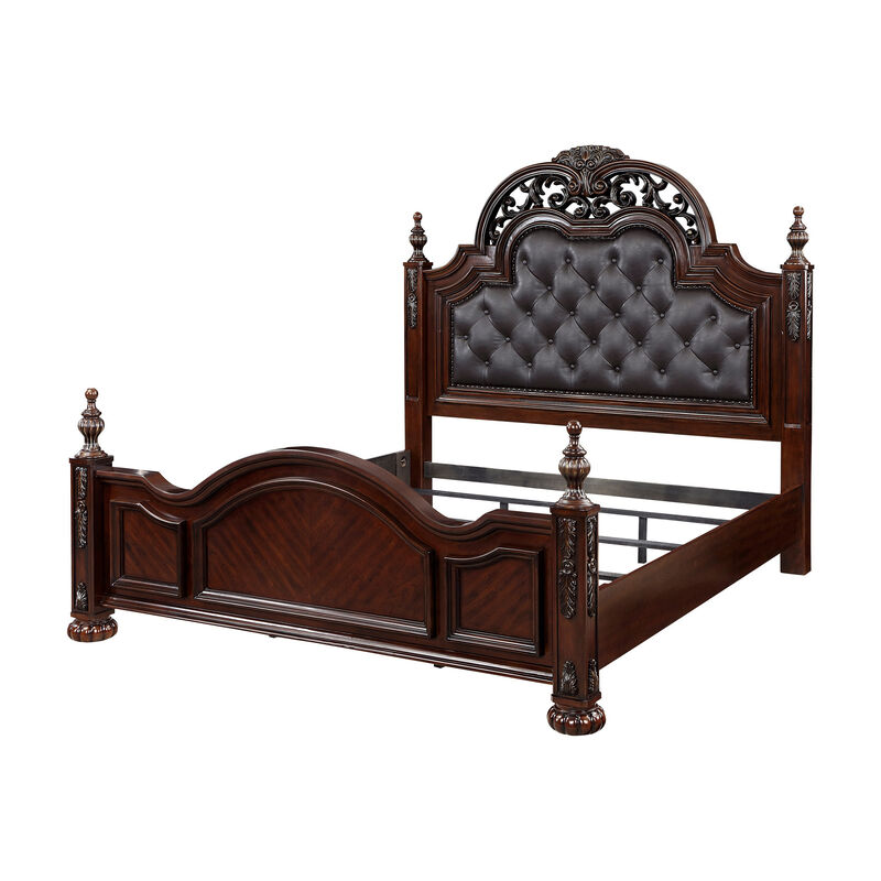 Amio Queen Bed, Button Tufted Faux Leather Headboard, Cherry Brown Wood