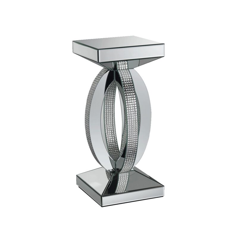 Square Wooden End Table with Curved Body and Rhinestone Accents, Silver-Benzara