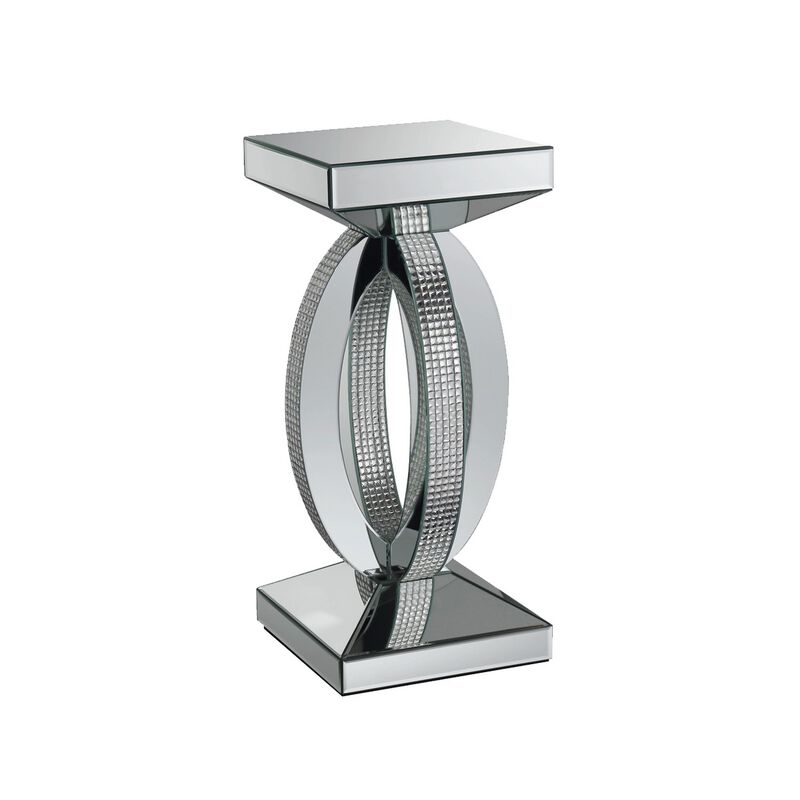 Square Wooden End Table with Curved Body and Rhinestone Accents, Silver