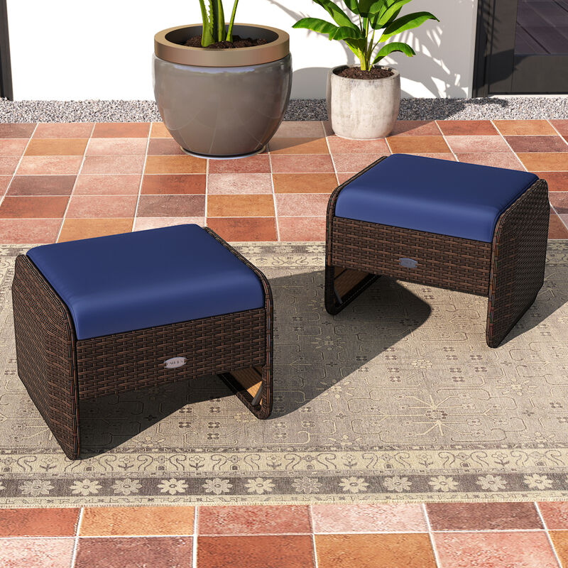 Wicker Ottoman Set of 2 for Outdoor Use with Removable Cushions