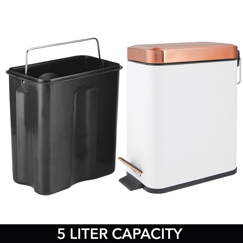 mDesign Small 1.3 Gallon Rectangle Metal Step Can, Liner/Handle, White/Rose Gold image number 4