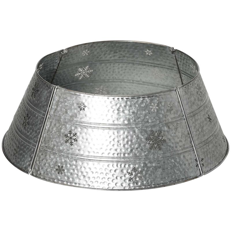 Christmas Tree Collar Steel Tree Ring Skirt w/ Snowflake Print, 26" Base, Silver