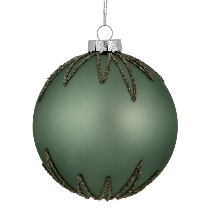 4" Matte Green Starburst Design Glass Ball Christmas Ornament