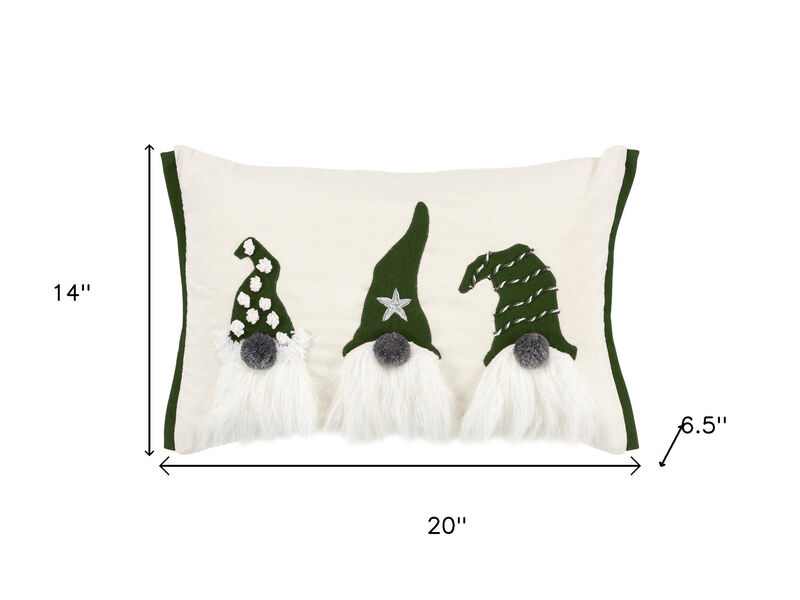 HomeRoots 14" X 20" Green And Ivory Cotton Christmas Gnomes Throw Pillow With Embroidery image number 4