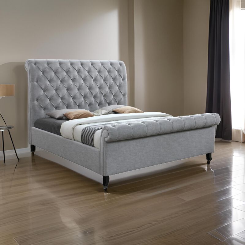 Magnolia Queen Size Bed, Tufted Upholstered Rolled Top Headboard, Gray - Benzara