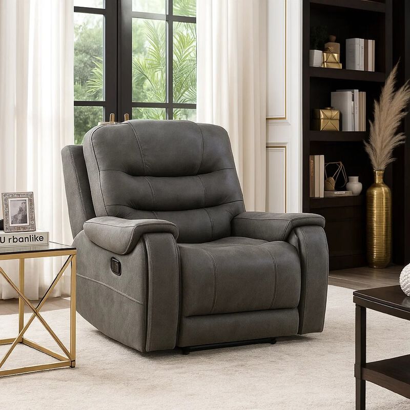 Oby Manual Reclining Chair, Panel Stitched Back, Dark Gray Microfiber image number 1
