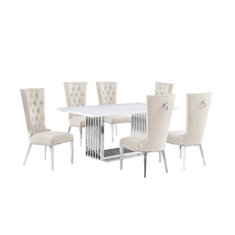 7pc Small(68") marble top dining set with silver base and 6 Cream side chairs