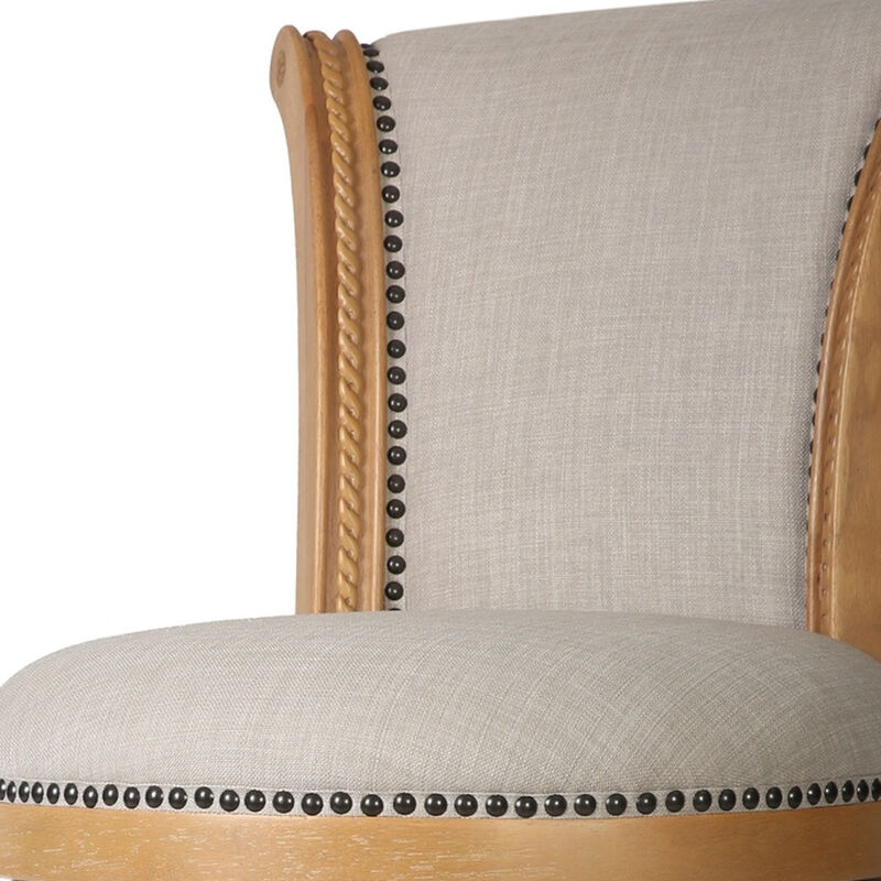 HomeRoots 30" Beige and Natural Fabric and Solid Wood Bar Height Swivel Bar Chair image number 4