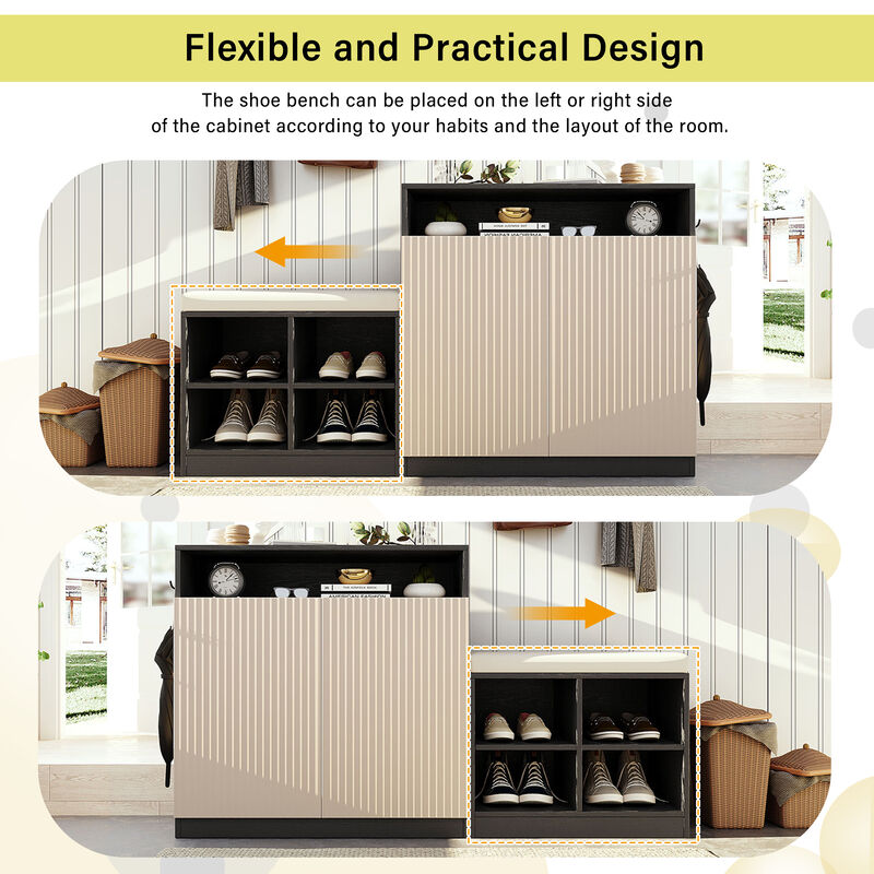 Merax Shoe Bench, 2 Doors and 3-Tier Adjustable Shelves, Entryway Bench with 4 Open Shoe Racks and Removeble Cushion image number 7