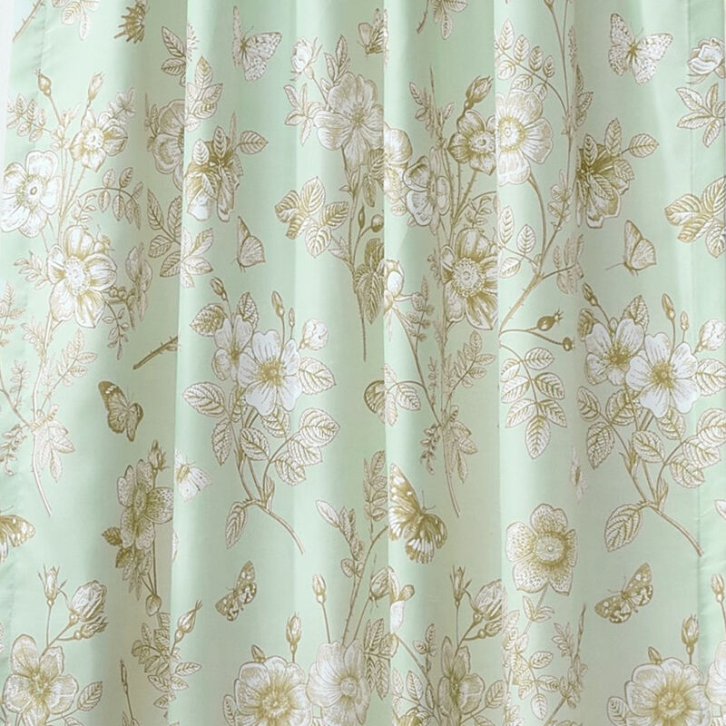 Vola 2 Panel Curtain Set, Light Mint Green Microfiber, Floral Pattern - Benzara