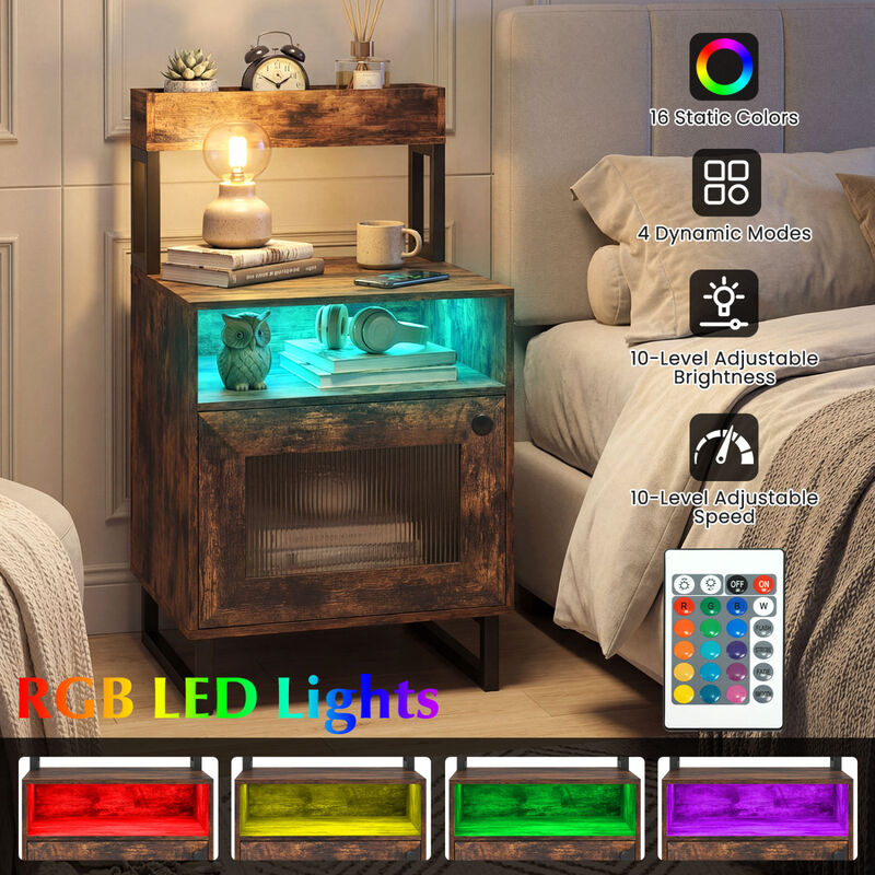 Modern End Table with LED Lights, Open Compartment and Storage Cabinet image number 4