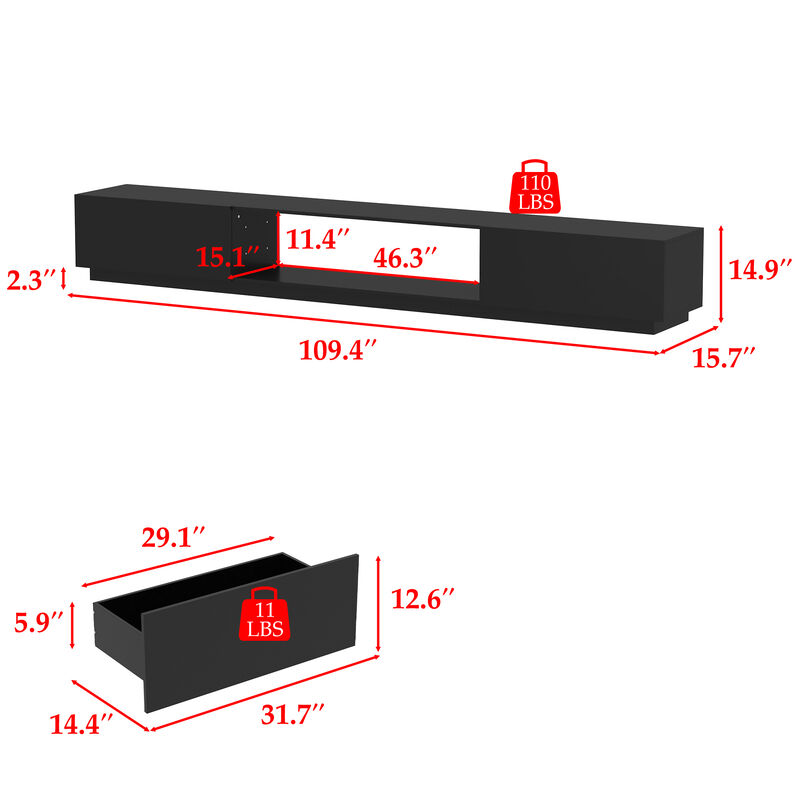 FUFU&GAGA Modern Black 2-Drawer 1-Shelf TV Cabinet (109.4" W x 15.7" D x 14.9" H), Black
