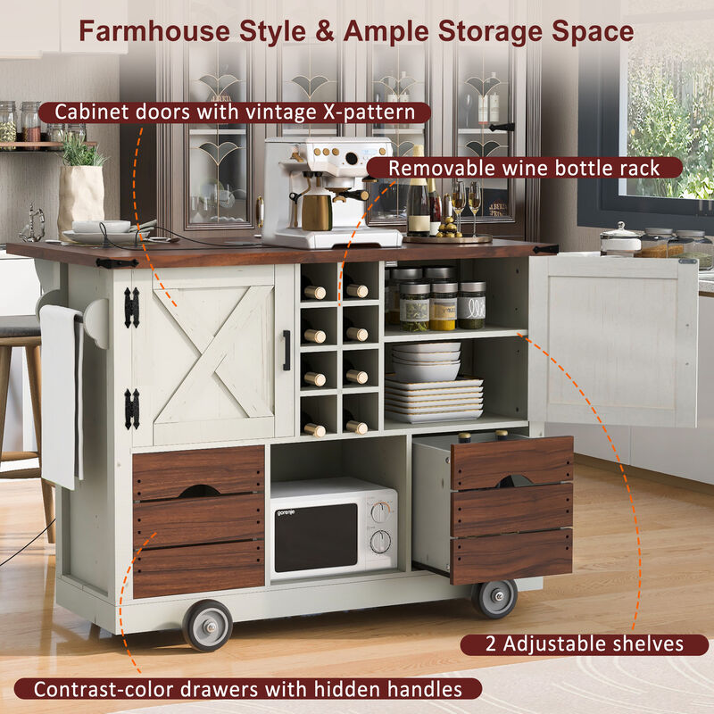 Whisen 54" Farmhouse Kitchen Island with 2 Drawers, Power Outlet & Adjustable Shelves, MDF for Kitchen & Dining image number 4