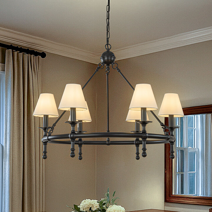 Vintage 6-Light Classic Chandelier With White Fabric Shades
