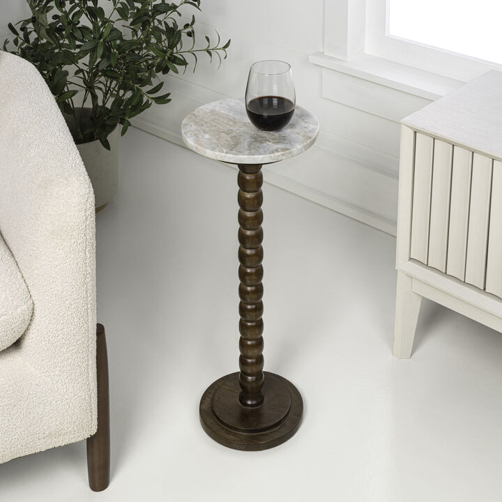 Monroe 24.25" Rustic Farmhouse Spindle Wood Drink Table and Decorative End Table with White/Beige Marble Round Top