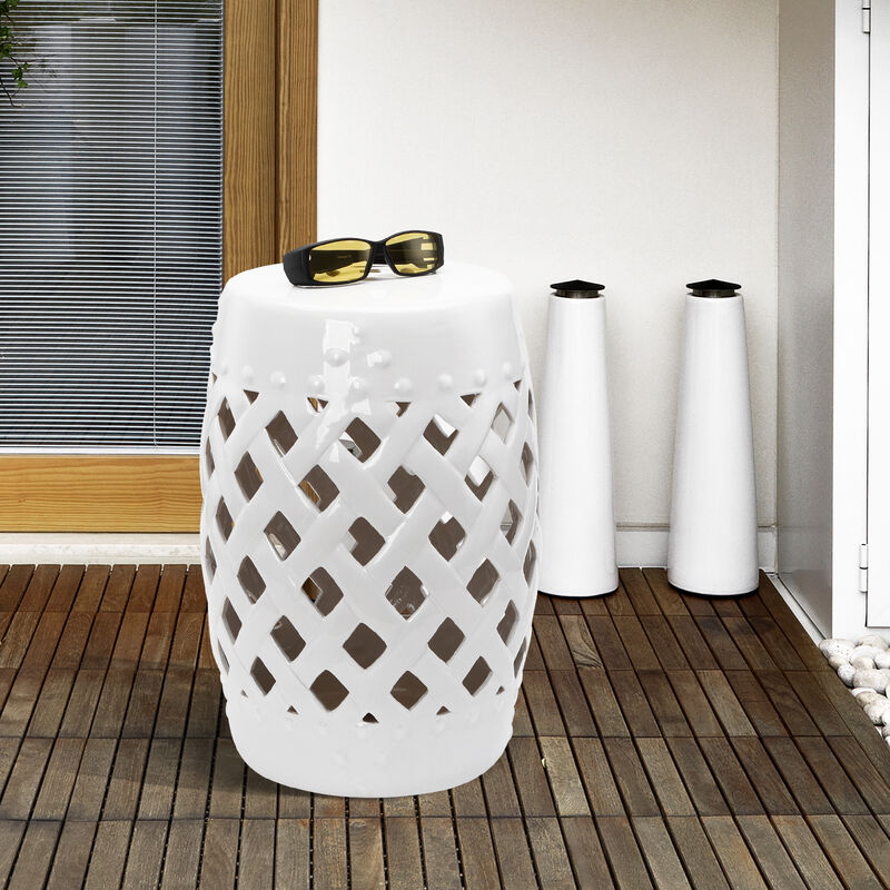 Outsunny 13" x 18" Ceramic Garden Stool with Woven Lattice Design & Glazed Strong Materials Decorative End Table, White