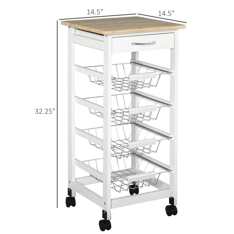 Compact Kitchen Cart, Rolling Kitchen Island with Storage, Solid Wood Frame Utility Cart with 4 Wire Fruit Baskets and Drawer, White
