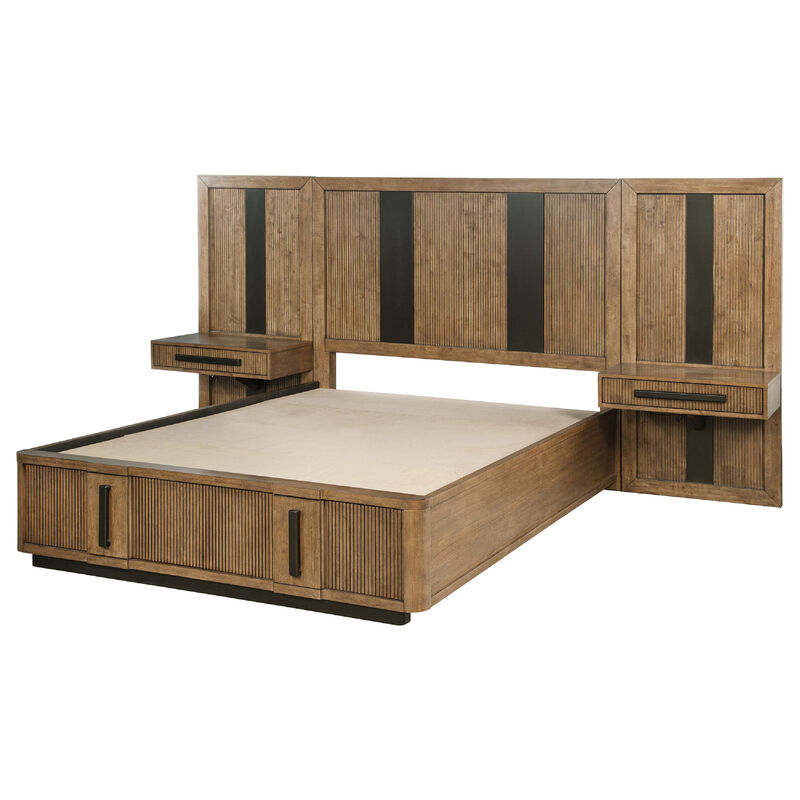Reon Queen Wall Panel Storage Bed Set with Nightstands, Ash Brown Wood