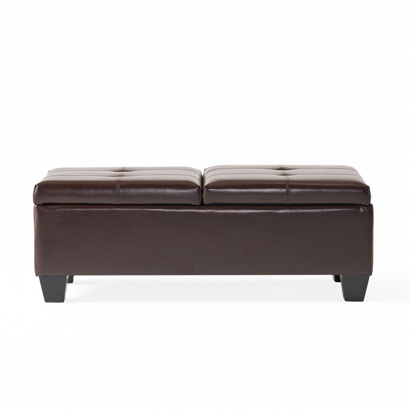 Storage Ottoman, Chocolate Faux Leather, Soft Cushioning, 47 Inch - Benzara