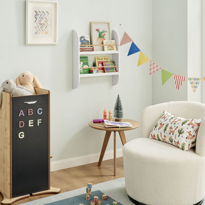 Steiner White Rounded Contemporary 2-Tier Kids Book or Magazine Storage Wall-Mount Bookcase with Contrasting Wood-toned Rods