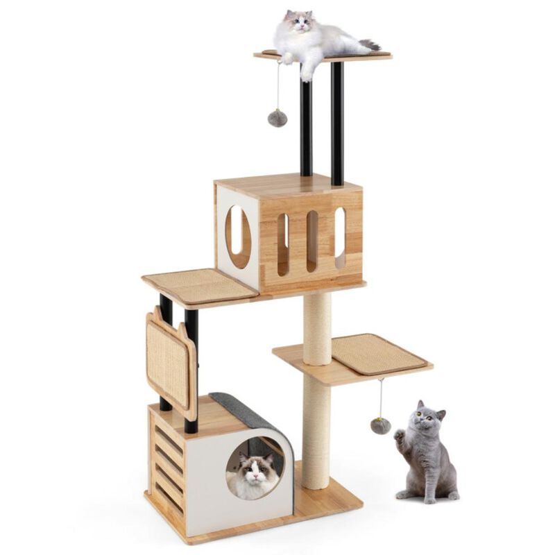 Hivvago Modern Tall Cat Tower with Double Condos with Dangling Balls and Sisal Carpets