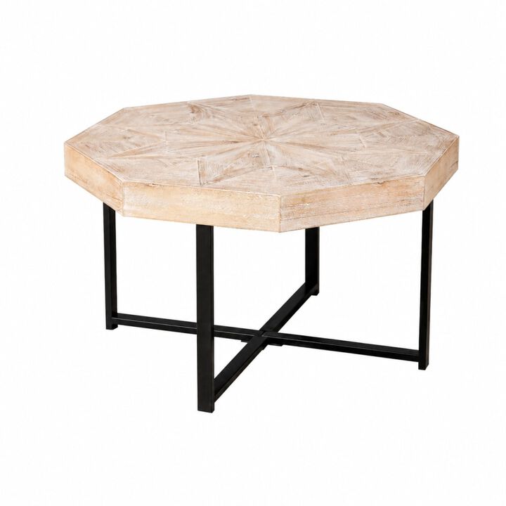 GOODSILO Octagonal Vintage Patchwork Farmhouse Coffee Table with Wooden Tabletop and Cross Metal Legs, Decorative Functional Furniture for Living Room Primary Space