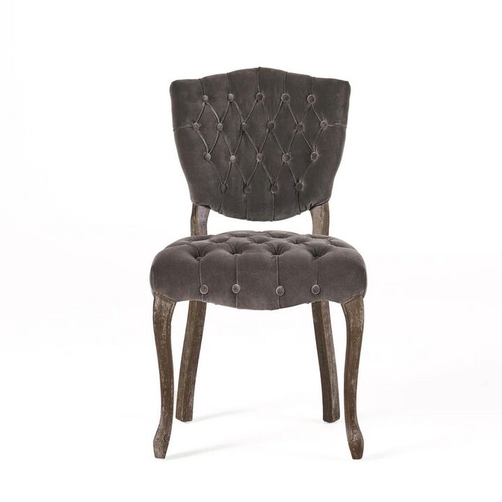 Jette Dining Chair Set of 2, Charcoal Gray Tufted Velvet, Brown Wood - Benzara