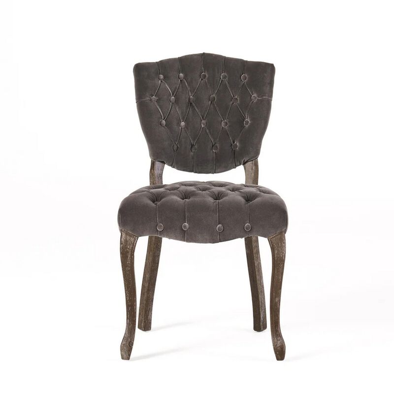 Jette Dining Chair Set of 2, Charcoal Gray Tufted Velvet, Brown Wood - Benzara