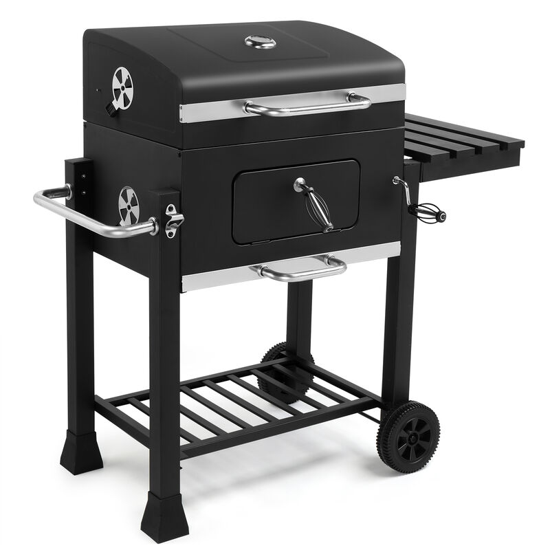 Charcoal Grill with Foldable Side Table and Wheels, Portable Outdoor BBQ Grill for Backyard Cooking