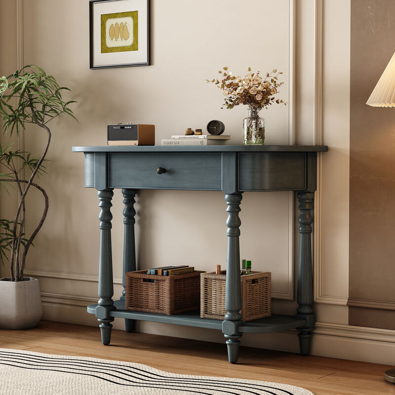 Whisen Retro Corner-curved Console Table with Top Drawer and Open Shelf for Living Room and Entryway - Beige