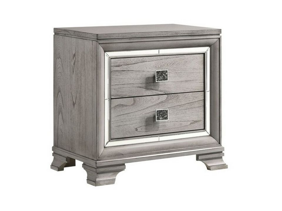 2 Drawer Nightstand with Mirror Accent and Bracket Feet, Light Gray-Benzara