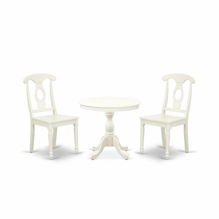 AMKE3-LWH-W 3 Piece Dining Set - 1 Pedestal Table and 2 Linen White Wooden Kitchen Chairs - Linen White Finish