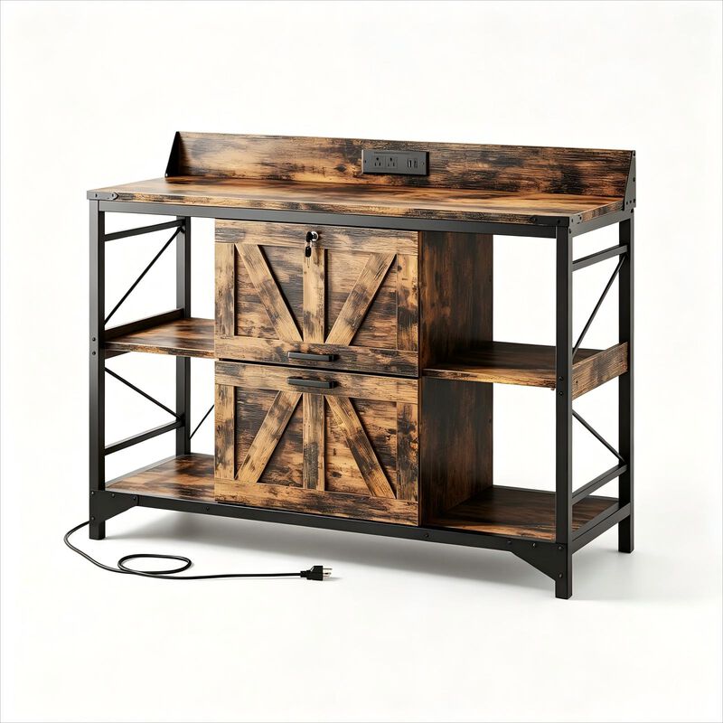 44"W File Cabinet, Lateral Filing Cabinet with 4 Shelves and 2 Drawers, Office Storage Cabinet with Lock & Charging Station, Wooden Printer Stand image number 0