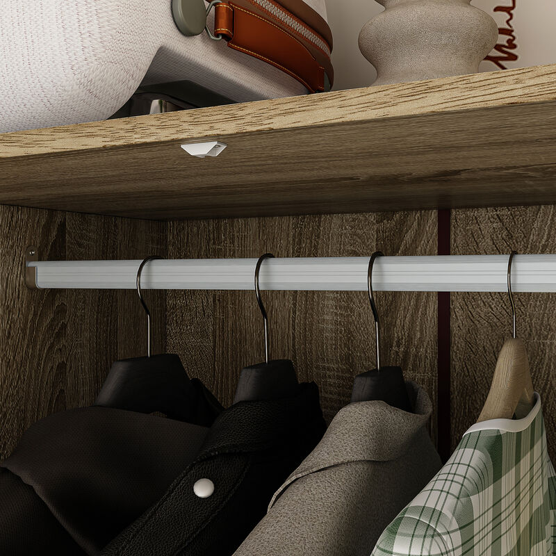 Brown Wood Grain 59 in. W Rattan Doors Design Armoires Wardrobe with 5-Drawers, 2-Hanging Rods (70.8 in. H x 18.8 in. D)