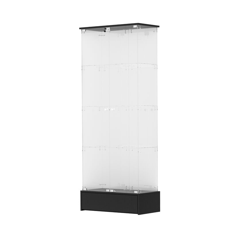 FUFU&GAGA Glass Display Cabinet with 4 Adjustable Shelves, Metal Base Drawer, (27.6" W x 13.8" D x 70.9" H), Black