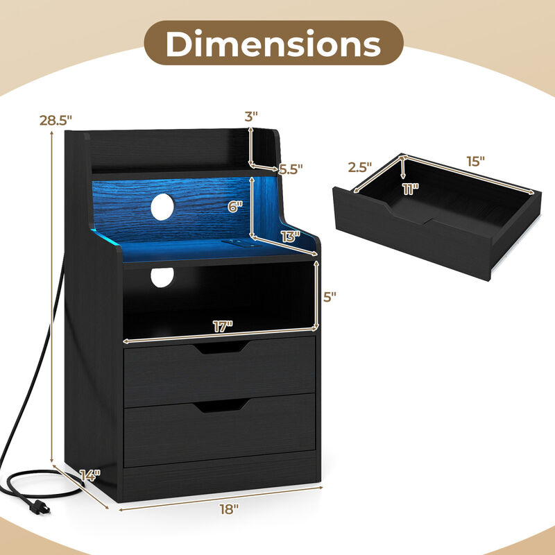 Nightstand End Table with LED Light and Charging Station for Bedroom and Living Room image number 2