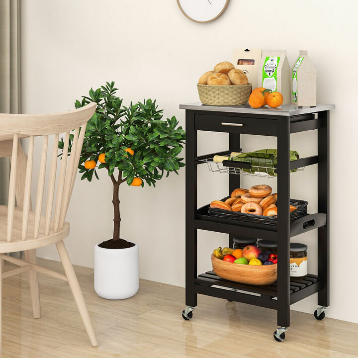 Kitchen Island Cart with Stainless Steel Tabletop and Basket