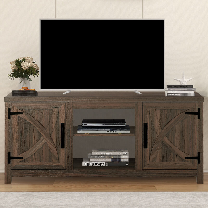 58" Farmhouse TV Stand with Open Storage Shelves and Cabinets for TV up to 65"